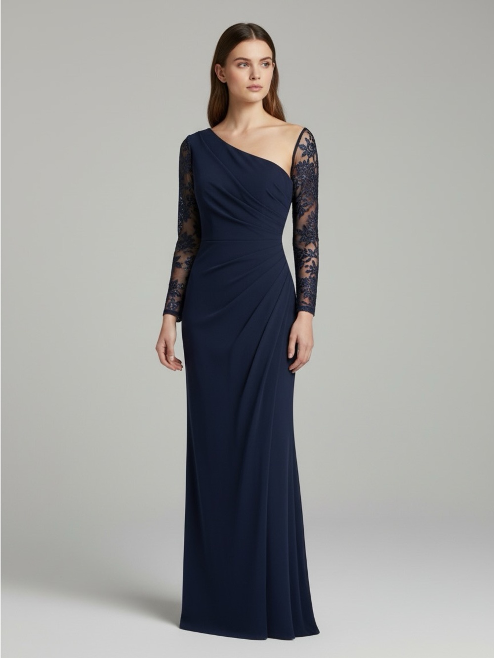 New Betsy & Adam Navy One-Shoulder Lace-Sleeve Evening Gown size 6 P Retail $279
